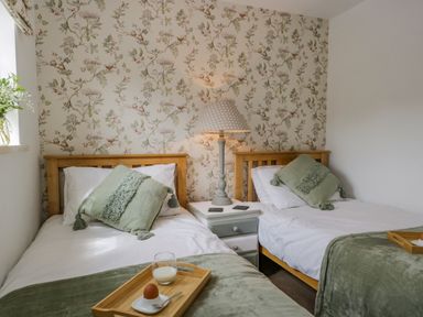 A bedroom with two single beds with green cushions and a bedside table with a lamp at Columbine Cottage in Hawkshead