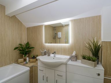 A bathroom with a bathtub a sink under a mirror and plants on the countertop at Columbine Cottage in Hawkshead