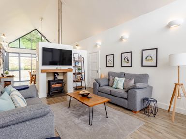 A living room with gray sofas wooden coffee table and a fireplace with a TV above at Forget Me Not Lodge in Bamburgh