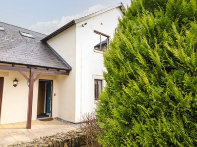 An entrance to a beige house with a brown roof and a large green bush in front at Tilly Mint Cottage Nr Ullswater