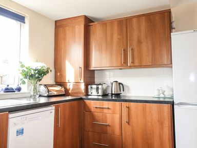 A kitchen corner with wooden cabinets a dishwasher a toaster an electric kettle and a refrigerator at Tilly Mint Cottage in Nr Ullswater