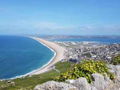 A coastal town with a long sandy beach and blue sea with buildings and greenery at Chesil Retreat in Weymouth