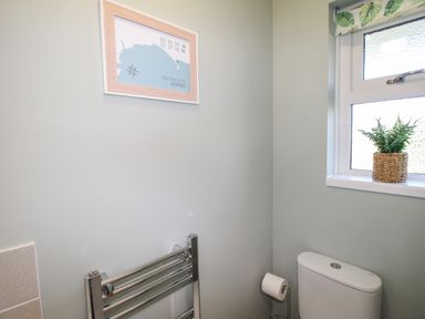 A bathroom with a toilet paper holder, a toilet, a towel rail, a window with a plant on the sill, and a framed map on the wall at Chesil Retreat in Weymouth