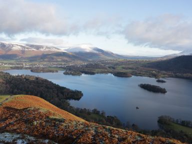 A lake with several small islands surrounded by hills and snow-capped mountains in the background at Nook Cottage in Rosthwaite near Keswick