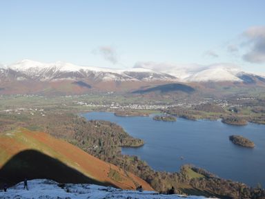 A lake with several islands surrounded by trees and hills with snow-capped mountains in the background at Nook Cottage in Rosthwaite near Keswick