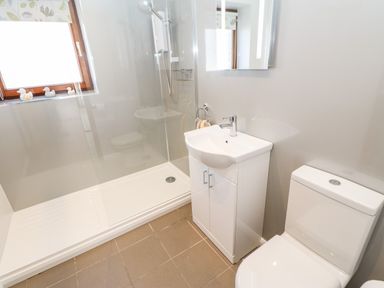 A bathroom with a walk-in shower, sink with cabinet, toilet, and window with patterned blind at Summerseat in Kirkby Stephen