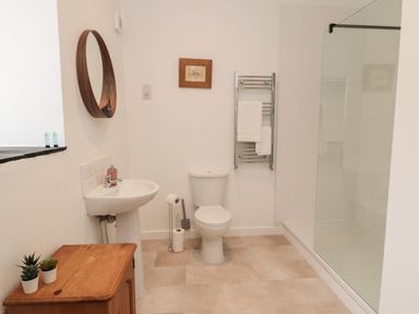 A bathroom with a toilet sink shower and wooden cabinet with plants at The Bakery in Middleton near Belford