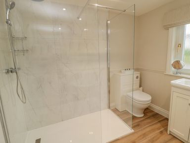 A bathroom with a walk-in shower a toilet a vanity with a sink a window and a wooden floor at 46 Castle Street in Norham