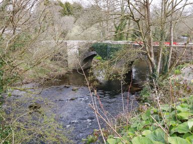 A stone bridge over a river surrounded by leafless trees and green plants at Primrose in Hellandbridge near Bodmin