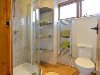 A bathroom with a shower enclosure toilet shelves and towel rack at Quoit X Barn Stoodleigh near Bampton
