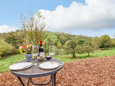 An outdoor metal table set with two plates glasses a bottle of wine and a vase of flowers in a garden with green trees and hills at Hideaway Cabin in Cadbury near Thorverton