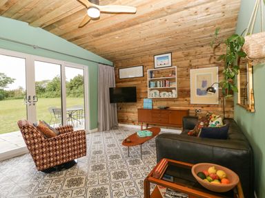A living room with a patterned chair a black sofa wooden coffee table and a wooden cabinet with shelves at Lulu Logs Congresbury