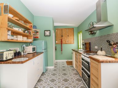 A kitchen with green walls wooden shelves and cabinets a blue refrigerator and patterned floor tiles at Lulu Logs in Congresbury