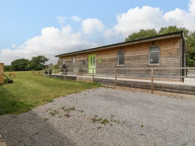 A wooden cabin with a green door and gravel driveway next to a grassy field at Lulu Logs in Congresbury