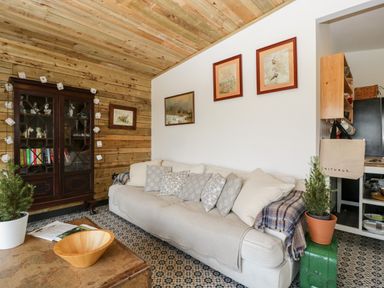 A living room with a white sofa with patterned cushions a wooden cabinet with books and ornaments a wooden coffee table with a bowl and a plant at Down the Rabbit Hole Brinsea near Congresbury