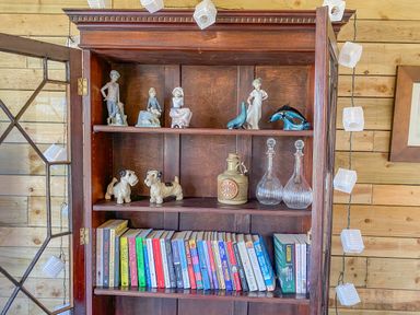 A dark wooden cabinet with porcelain figurines ceramic jugs glass decanters and a row of books inside a wooden room at Down the Rabbit Hole Brinsea near Congresbury