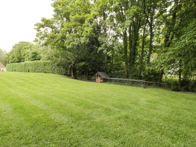 A large lawn with a chicken coop next to tall trees and a hedge at The Coach House in Westonbirt near Tetbury