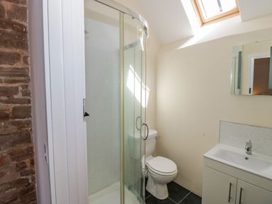 A bathroom with a shower, toilet, sink with cabinet, mirror, skylight, and a stone wall at Munderfield Mill in Munderfield near Bishops Frome