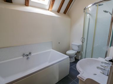 A bathroom with a bathtub toilet shower and sink at Munderfield Mill in Munderfield near Bishops Frome