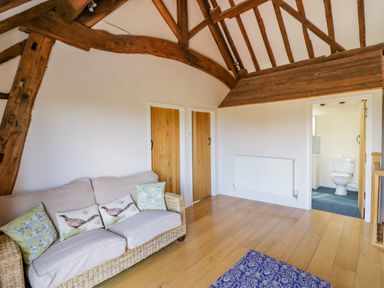 A room with a sofa and cushions wooden doors and visible bathroom at Munderfield Mill in Munderfield near Bishops Frome