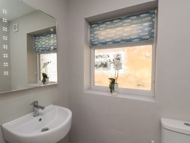 A bathroom with a sink a mirror and a window with a fish patterned blind at Spinnaker House in Scarborough