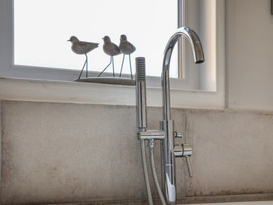 A kitchen sink faucet with three decorative bird figures on the window sill at Spinnaker House in Scarborough