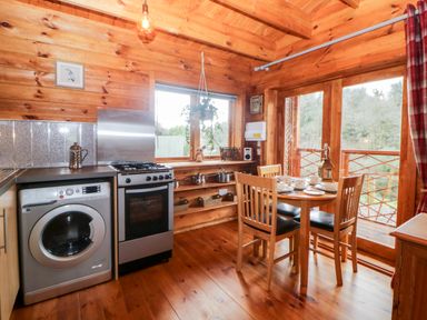 A kitchen with a washing machine stove wooden dining table with four chairs and a window with a hanging plant at Bearscombe View in Modbury