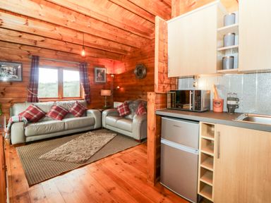 A living room with leather sofas and plaid cushions next to a kitchen area with a microwave and refrigerator at Bearscombe View in Modbury