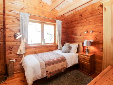 A bedroom with a single bed, bedside table with lamp, a window with curtains, and wooden walls at Bearscombe View in Modbury