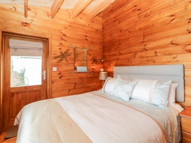 A bedroom with a bed a bedside lamp a mirror and a wooden door at Bearscombe View Modbury