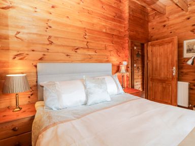 A bedroom with a bed a grey headboard two bedside tables with lamps and wooden walls at Bearscombe View in Modbury
