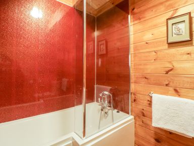 A bathroom with a white bathtub glass shower screen red wall panel wooden wall with towel rack and framed picture at Bearscombe View Modbury