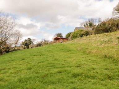 A grassy hill with trees and two houses visible at Bearscombe View in Modbury