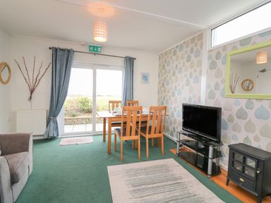 A living room with a dining table and chairs a television on a stand and a small stove at Fairway Lodge in Bigbury-On-Sea