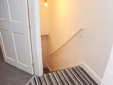 A staircase with striped carpet leading down from a carpeted hallway with a white door and white handrail at Monteva in Whitby