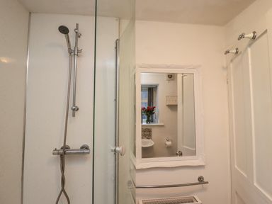 A bathroom shower area with a glass door next to a wall mirror reflecting a sink and window with flowers at Monteva Whitby