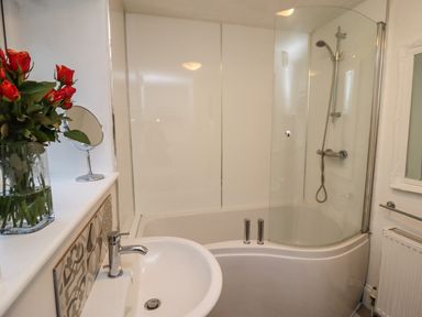 A bathroom with a bathtub and shower head a sink with a faucet a mirror towel rack radiator and a vase with red roses at Monteva Whitby