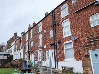 A row of brick terraced houses with white framed windows and satellite dishes with a garden and shed in front at Monteva in Whitby