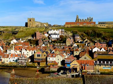 A town with many houses with red roofs and two historical buildings on a hill at Monteva in Whitby