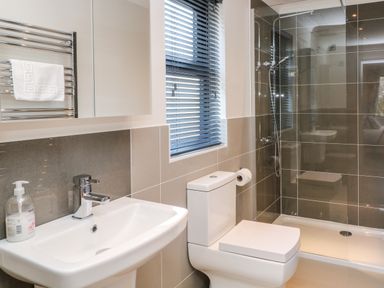 A bathroom with a sink a toilet and a glass shower enclosure at Mayflower in Broadwoodwidger near Ashwater