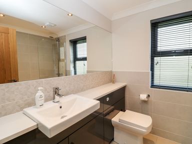 A bathroom with a sink and a toilet under a window with blinds at Mayflower in Broadwoodwidger near Ashwater