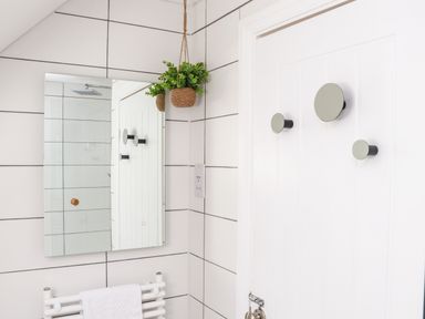 A bathroom with a mirror, a hanging plant, towel rack with a white towel, and a door with hooks at Penpoll in Little Petherick Creek near Padstow