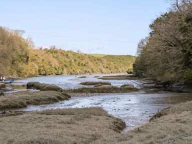 A river with muddy banks and vegetation on both sides with a hill in the background at Penpoll Little Petherick Creek near Padstow