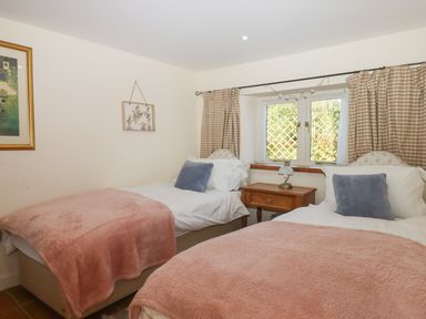 A bedroom with two single beds with pink blankets and blue pillows a wooden nightstand between them and windows with checkered curtains at The Old Barn in Colyton