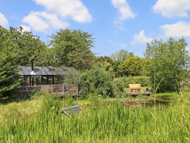 A garden with a greenhouse, raised wooden deck, bench on a wooden platform by a pond at The Old Barn in Colyton
