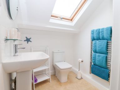A bathroom with a sink, toilet, and towel rack at Smugglers Loft in Looe