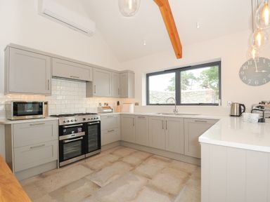 A kitchen with grey cabinets a stainless steel stove microwave and kettle at Sandsgate Lodge in Spinster's Rock near Chagford