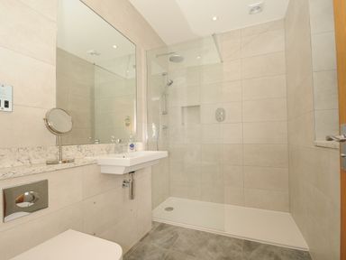 A bathroom with a toilet sink shower area and large mirror at Sandsgate Lodge Spinster's Rock near Chagford