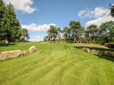 A grassy field with scattered large rocks and trees under a partly cloudy sky at Sandsgate Lodge in Spinster's Rock near Chagford