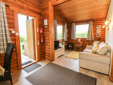 A living room with a sofa, TV, small heater, and a door open to the outside at Alwinton Lodge in Longframlington